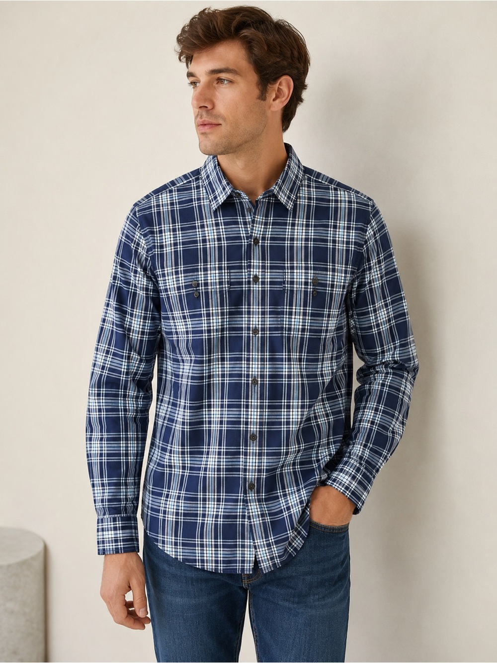 Express Men’s Navy and White Plaid Button-Down Shirt